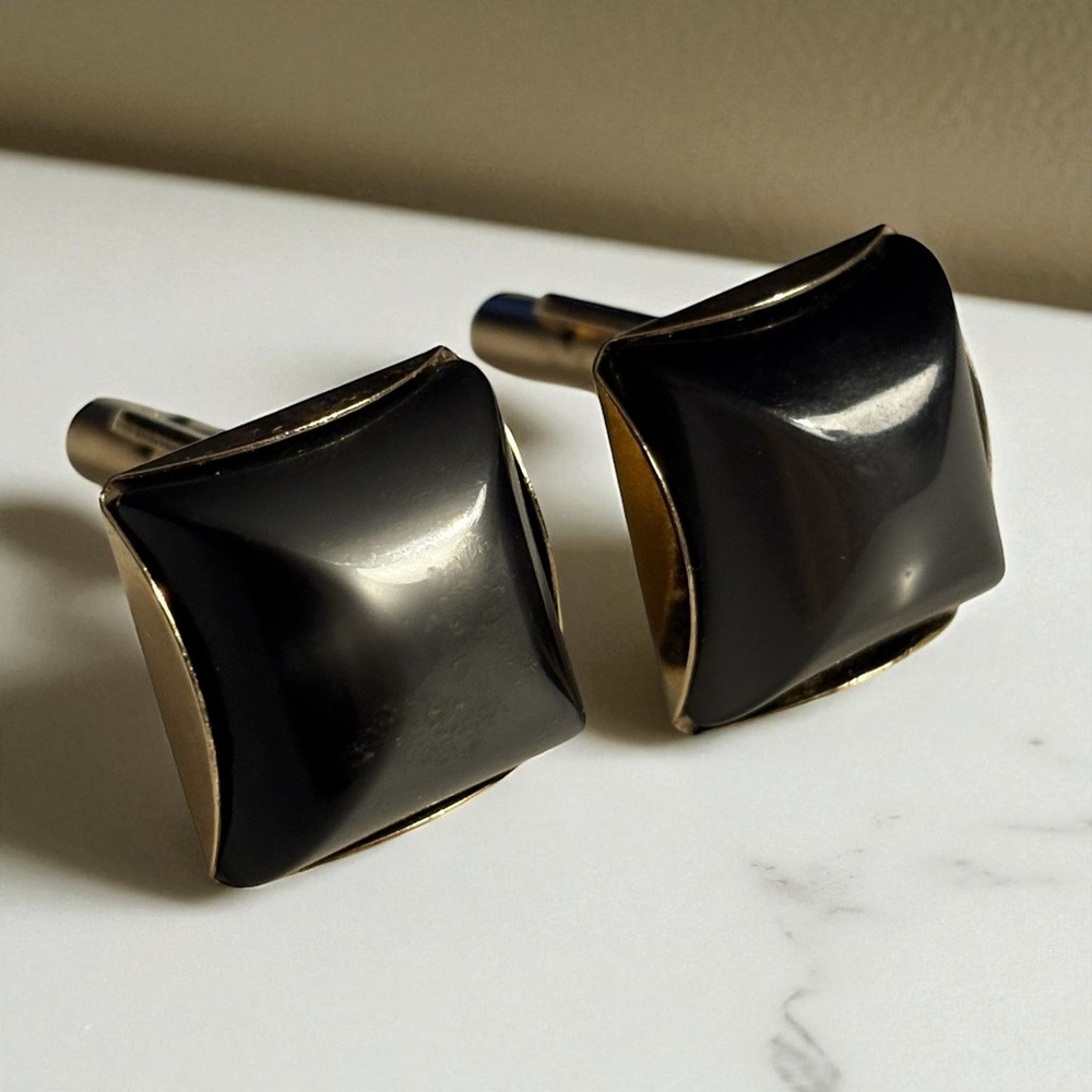 Dark Gray Square Cufflinks Men's Gold Tone Vintage Lucite Acrylic Formal Classic